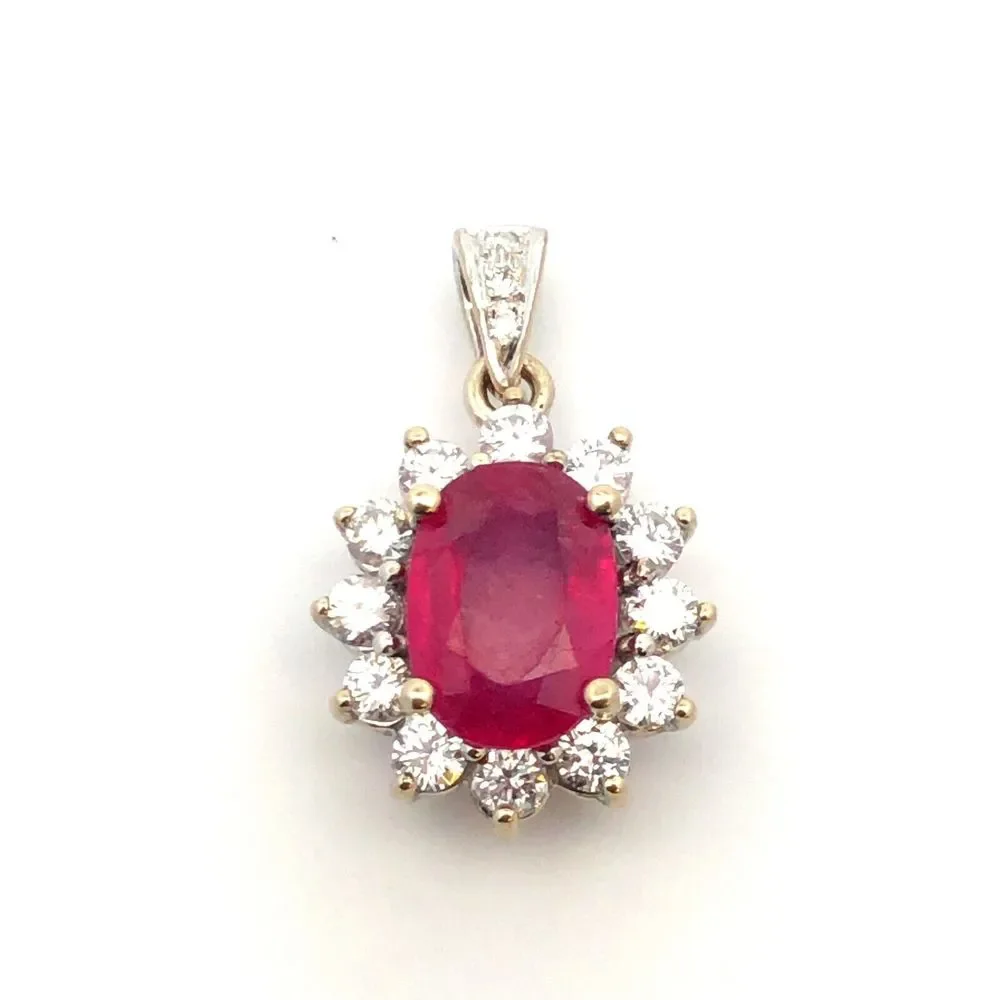 Estate 14K White Gold Oval Ruby Diamond Halo Pendant - Picture 7 of 11